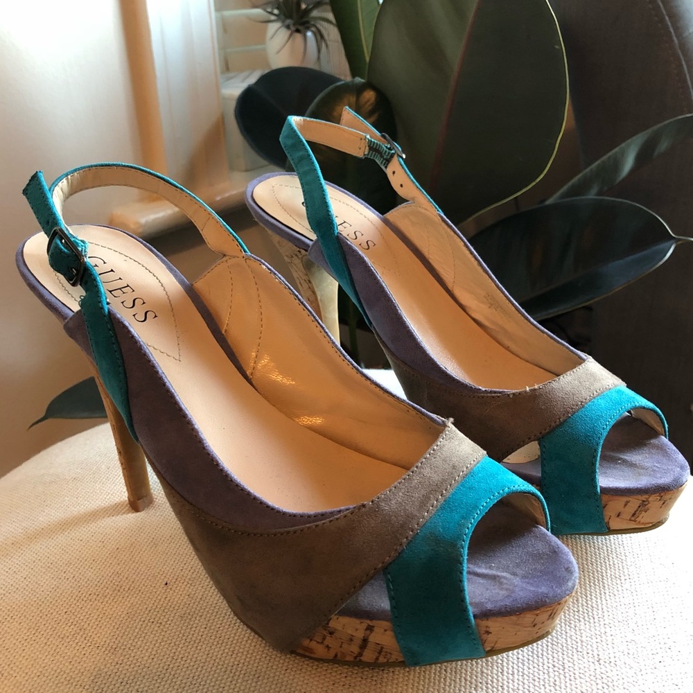 Guess multi-color cork heels